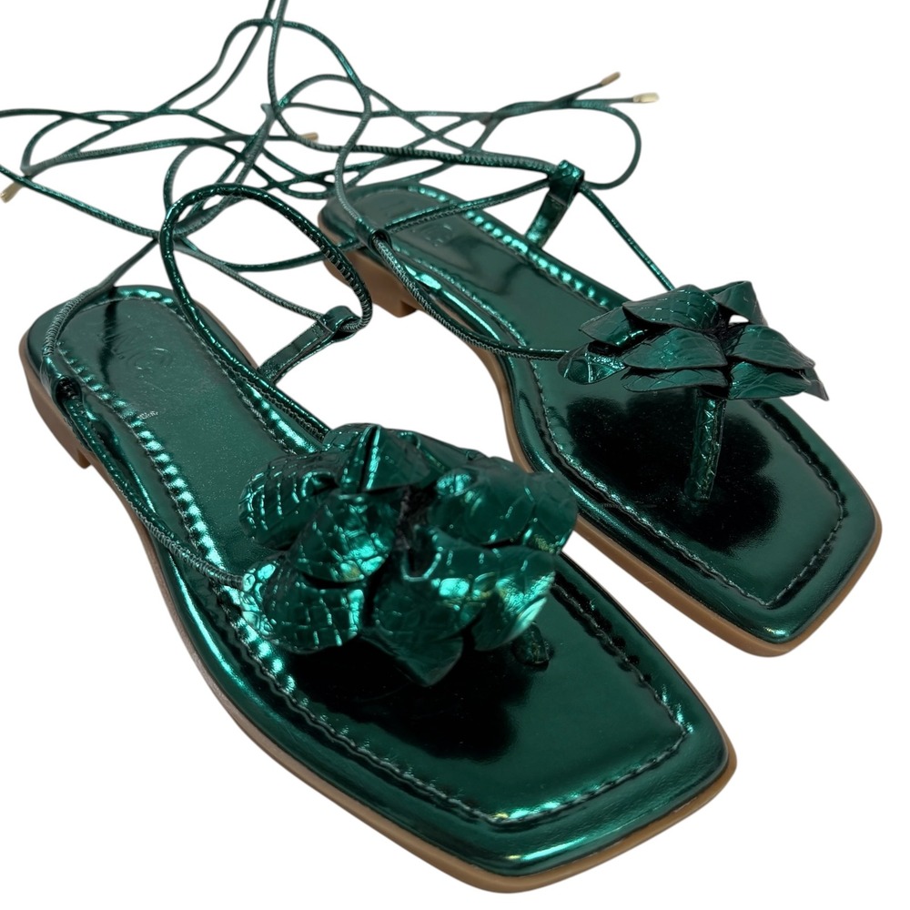 INC‎ Gilma Flower Flat Green Metallic Gladiator Lace Up Sandals Womens 7M New